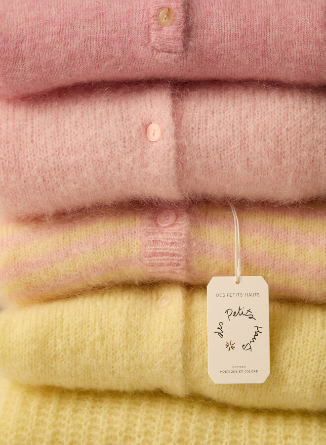 Cardigan Des Petits Hauts à col classique en mohair moelleux jaune beurre