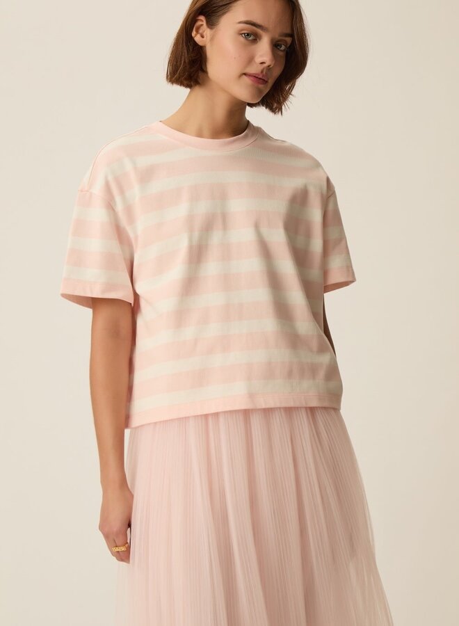 T-shirt Des Petits Hauts Filma rayé rose bulle & écru