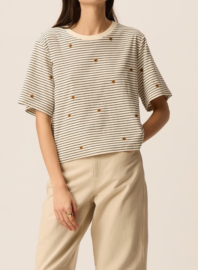 T-shirt Des Petits Hauts Josef rayé bleu marine & écru à fleurs jaune ocre mousse