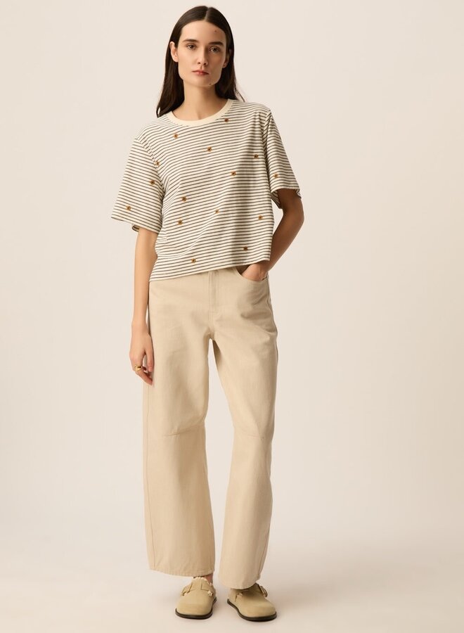 T-shirt Des Petits Hauts Josef rayé bleu marine & écru à fleurs jaune ocre mousse