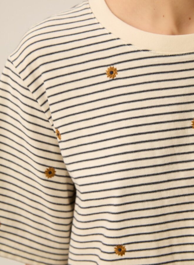 T-shirt Des Petits Hauts Josef rayé bleu marine & écru à fleurs jaune ocre mousse