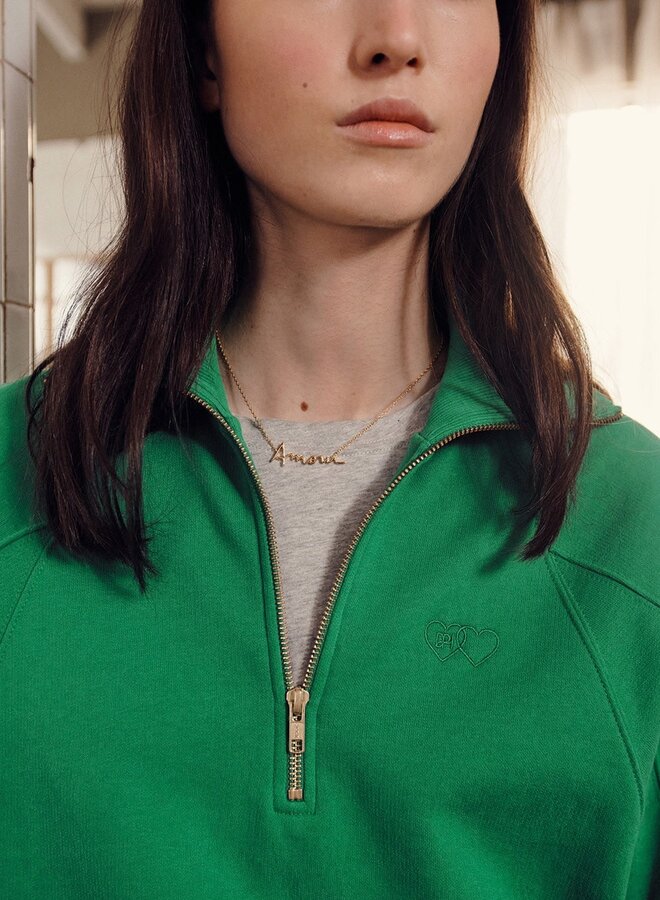 Chandail Des Petits Hauts Jona sweat à col montant à zip vert kale