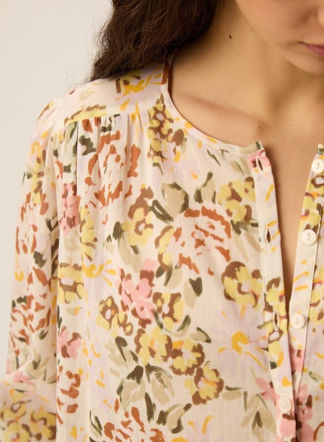 Blouse Des Petits Hauts Roxane imprimée verveine jaune ocre, rose & vert multi