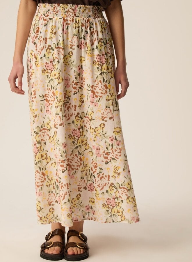 Jupe longue Des Petits Hauts Roxie imprimée verveine jaune ocre, rose & vert multi