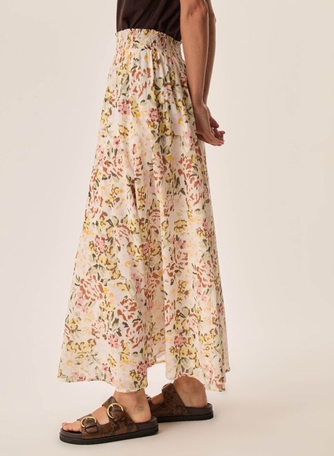 Jupe longue Des Petits Hauts Roxie imprimée verveine jaune ocre, rose & vert multi