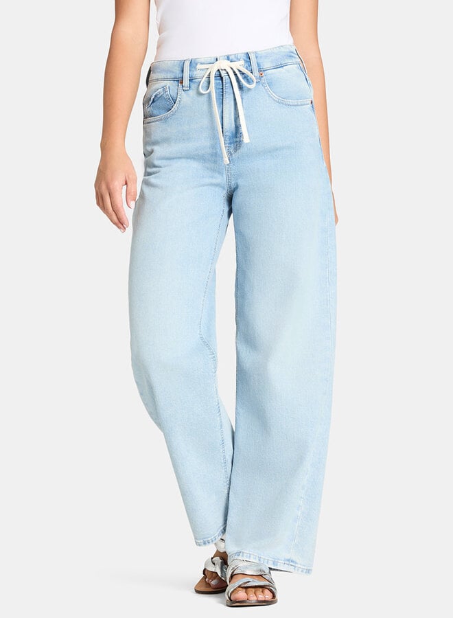 Jeans Cambio Baggy à jambes larges & cordon beige à la taille bleu délavé