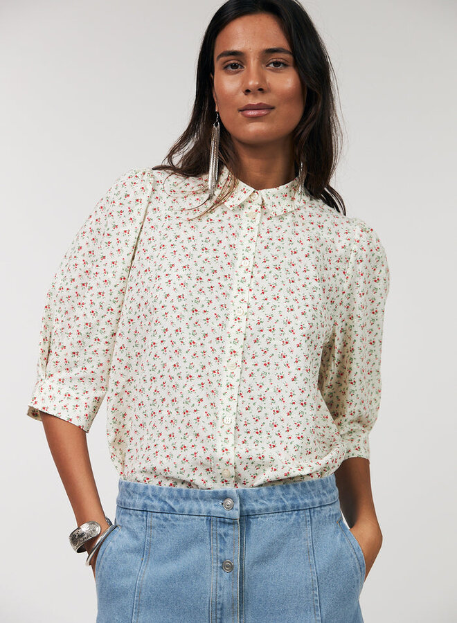 Blouse Lollys Laundry Bonoll écrue fleurie rouge & vert