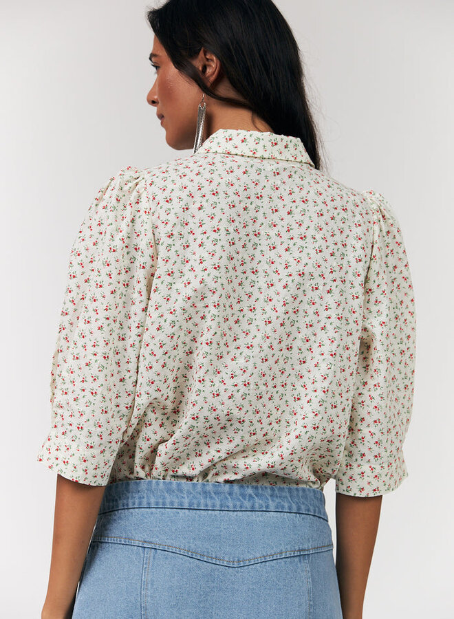 Blouse Lollys Laundry Bonoll écrue fleurie rouge & vert