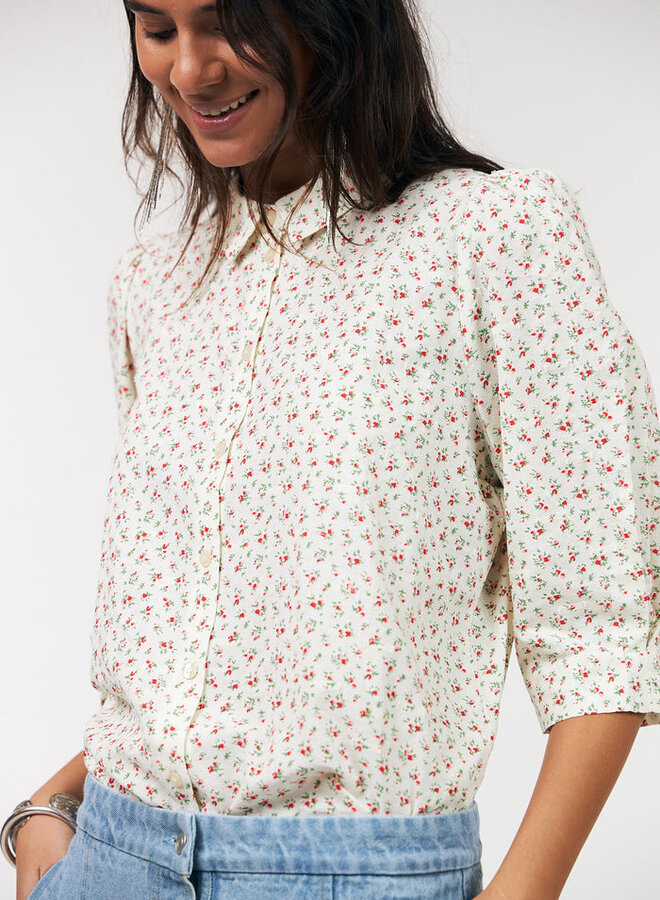 Blouse Lollys Laundry Bonoll écrue fleurie rouge & vert