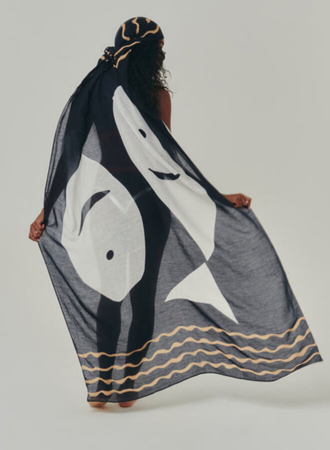 Foulard sarong Echo Catch of the Day noir & crème