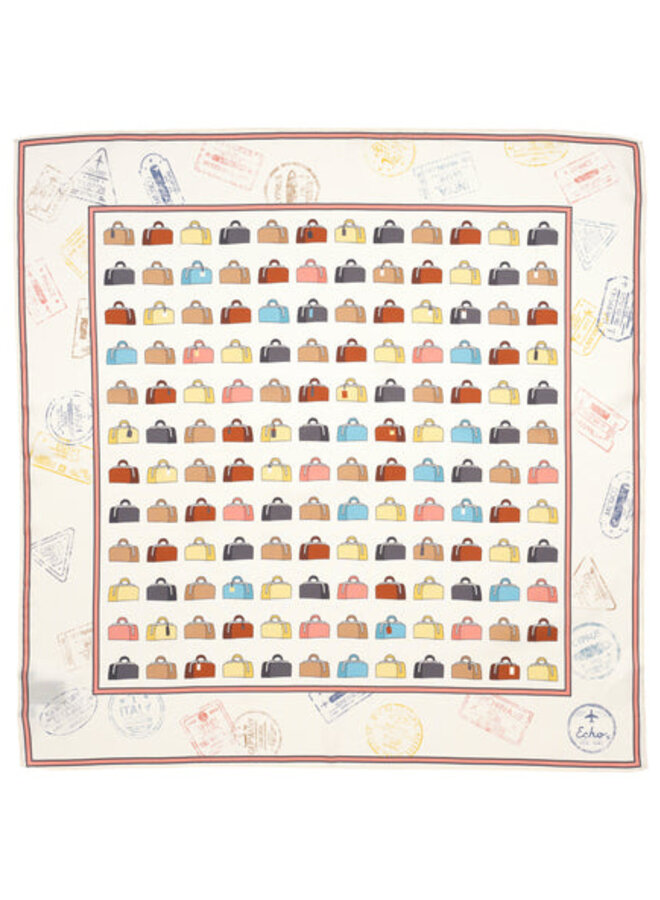 Foulard carré Echo Vintage Luggage ivoire imprimé valises bleues & beiges multi