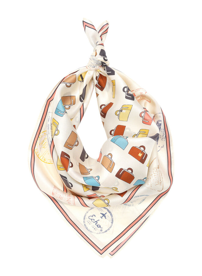 Foulard carré Echo Vintage Luggage ivoire imprimé valises bleues & beiges multi