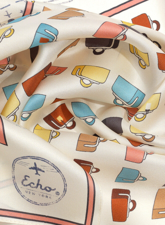 Foulard carré Echo Vintage Luggage ivoire imprimé valises bleues & beiges multi