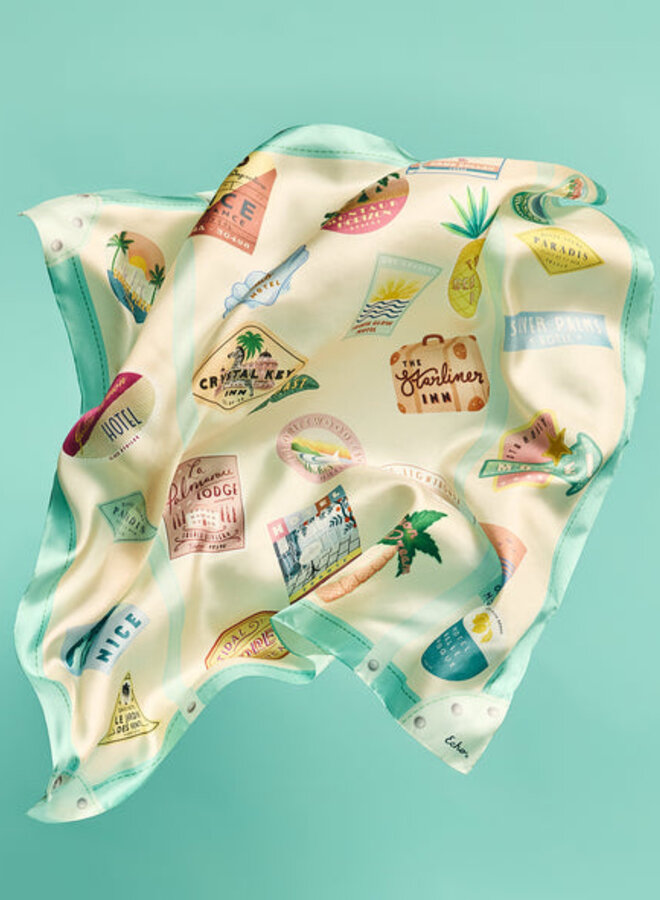 Foulard carré Echo Travel Stickers beige & vert multi