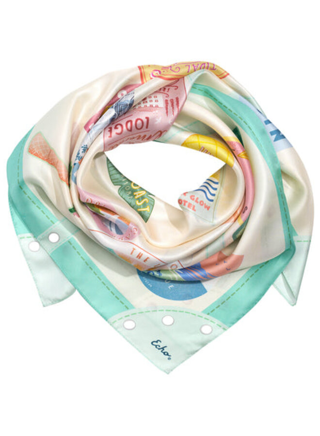 Foulard carré Echo Travel Stickers beige & vert multi