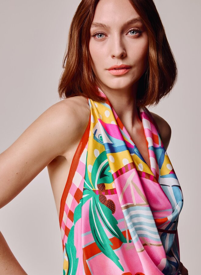 Foulard carré Echo Beach Picnic rose & rouge multi