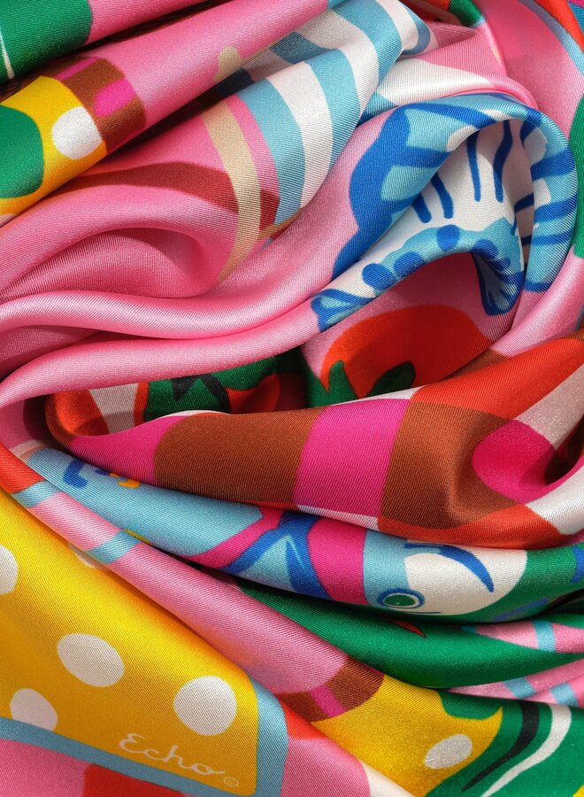 Foulard carré Echo Beach Picnic rose & rouge multi