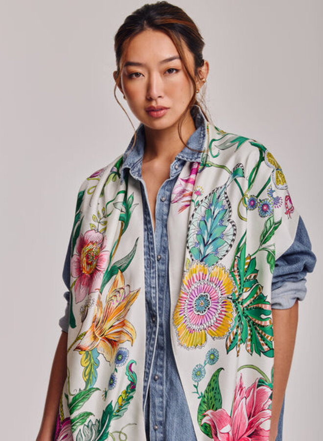 Foulard rectangle Echo Sunkissed Vine ivoire fleuri vert & rouge multi