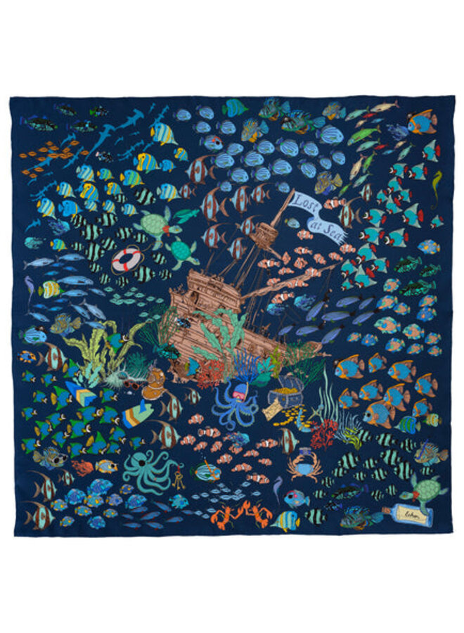 Foulard carré Echo Lost at sea bleu pétrole imprimé poissons vert multi