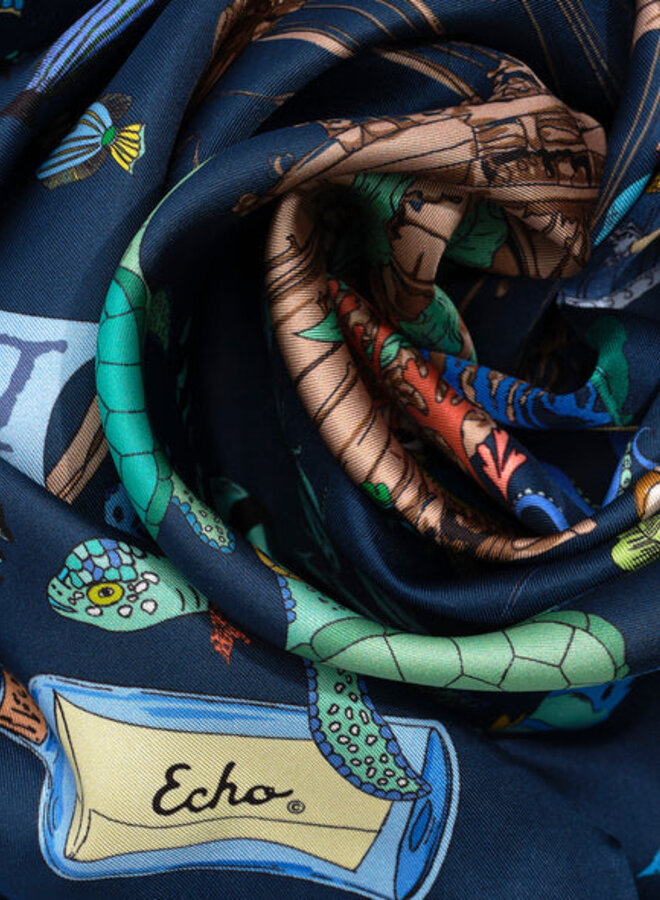 Foulard carré Echo Lost at sea bleu pétrole imprimé poissons vert multi