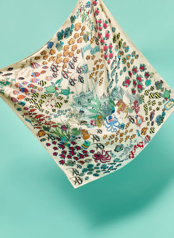 Foulard carré Echo Lost at sea ivoire imprimé poissons vert émeraude multi