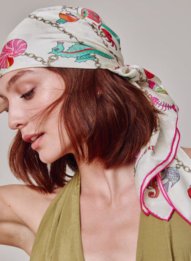 Foulard carré Echo Charmed Life ivoire imprimé marin rose & vert multi