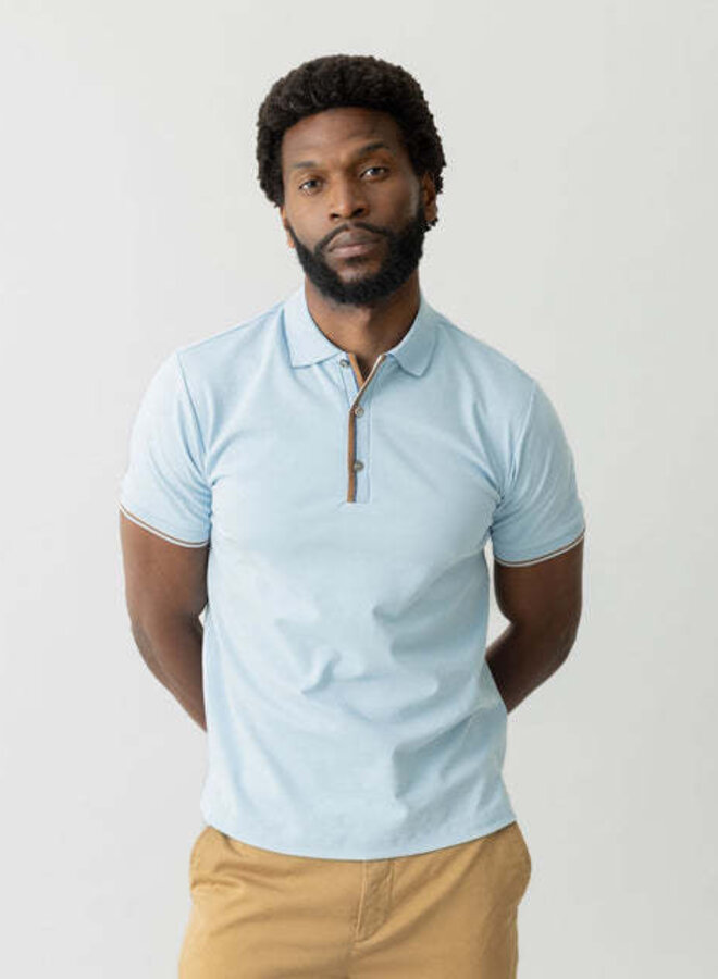 Polo Mos Mosh Gallery Harvey bleu ciel avec bordures brun coconut & bleue