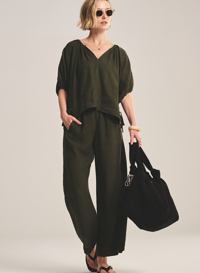 Pantalon Velvet Lola à taille élastique en lin vert khaki