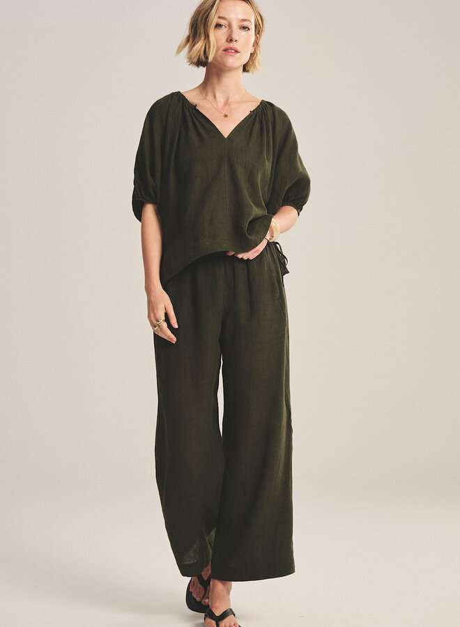 Pantalon Velvet Lola à taille élastique en lin vert khaki