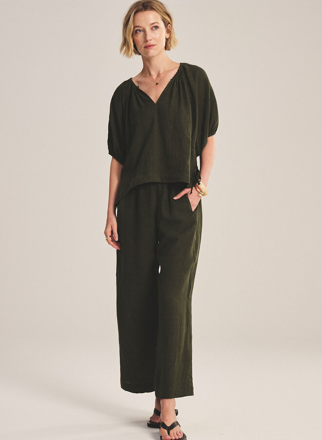 Pantalon Velvet Lola à taille élastique en lin vert khaki