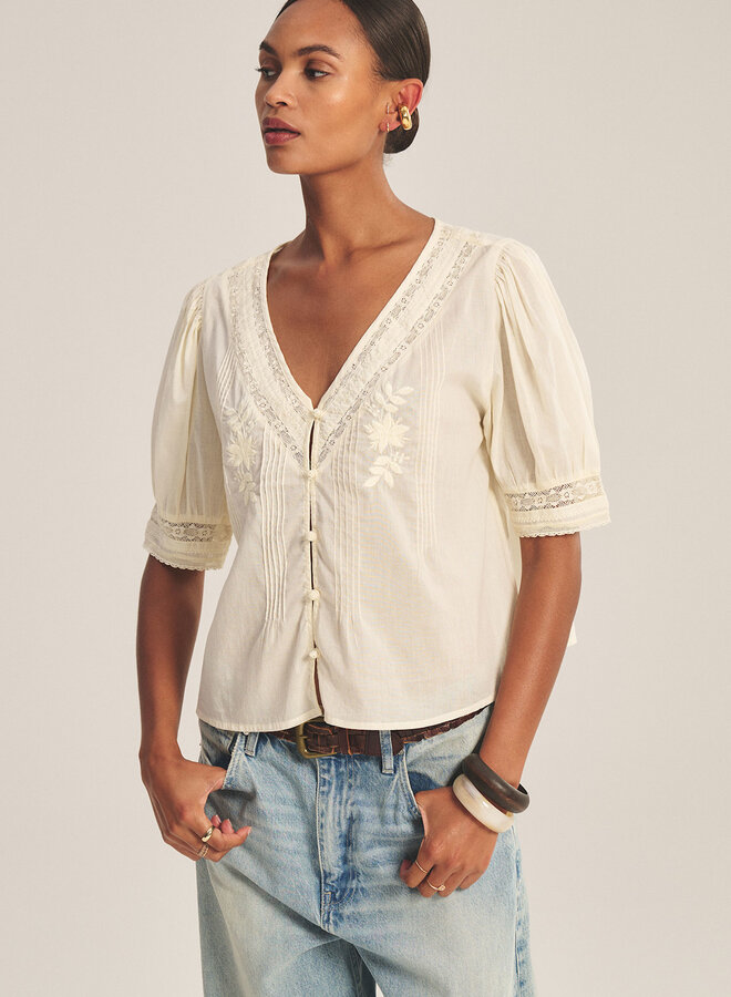 Blouse Velvet Mavis à col V & dentelle jaune