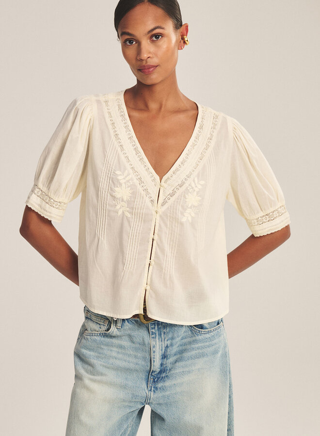 Blouse Velvet Mavis à col V & dentelle jaune