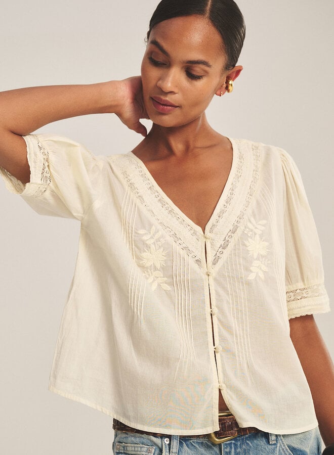Blouse Velvet Mavis à col V & dentelle jaune