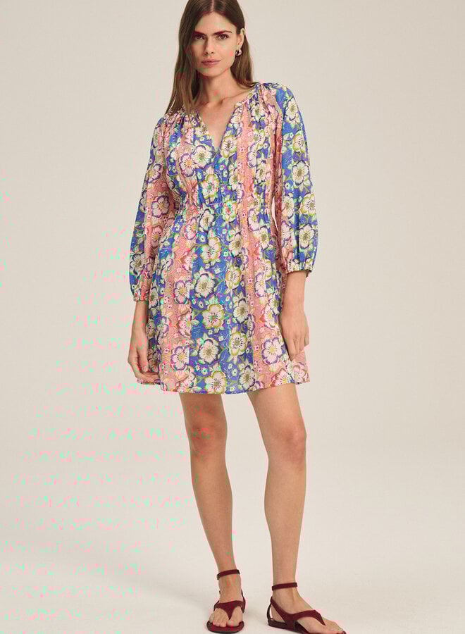 Robe Velvet Sandrine fleurie bégonias bleu azur & rose