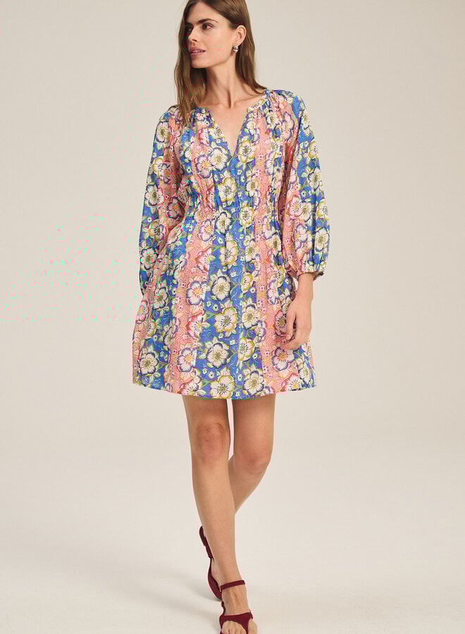 Robe Velvet Sandrine fleurie bégonias bleu azur & rose