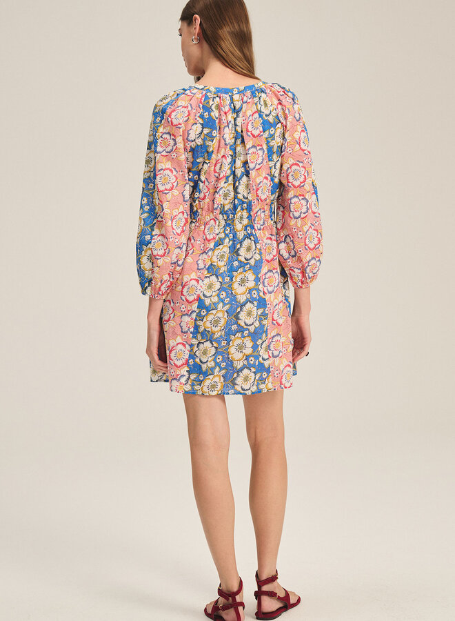 Robe Velvet Sandrine fleurie bégonias bleu azur & rose