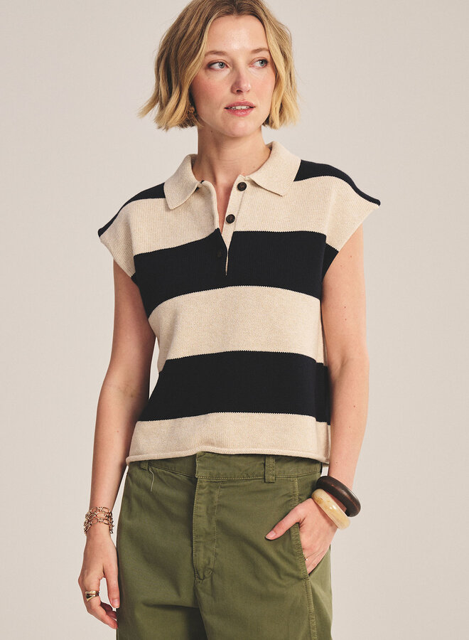 Tricot Velvet Zoella à col polo rayé bleu marine & beige avoine