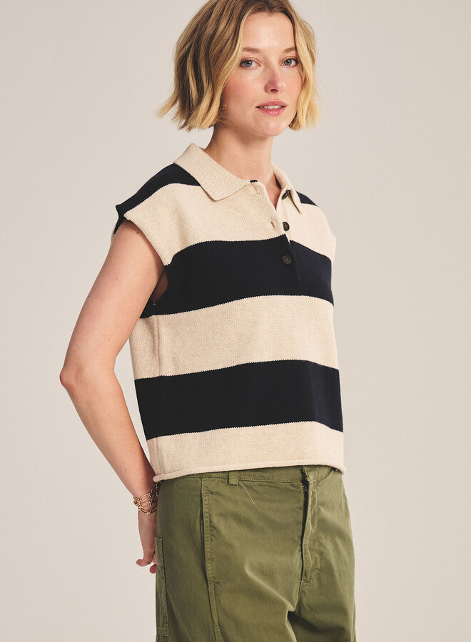 Tricot Velvet Zoella à col polo rayé bleu marine & beige avoine