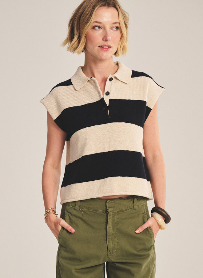 Tricot Velvet Zoella à col polo rayé bleu marine & beige avoine