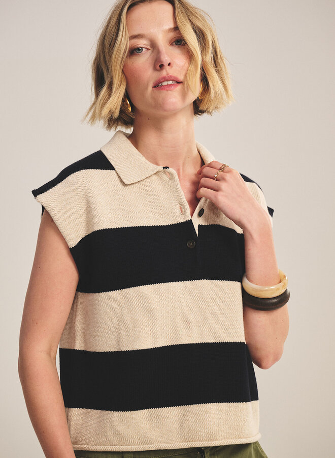 Tricot Velvet Zoella à col polo rayé bleu marine & beige avoine