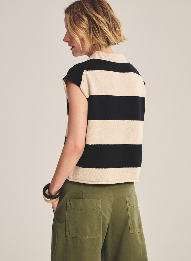 Tricot Velvet Zoella à col polo rayé bleu marine & beige avoine