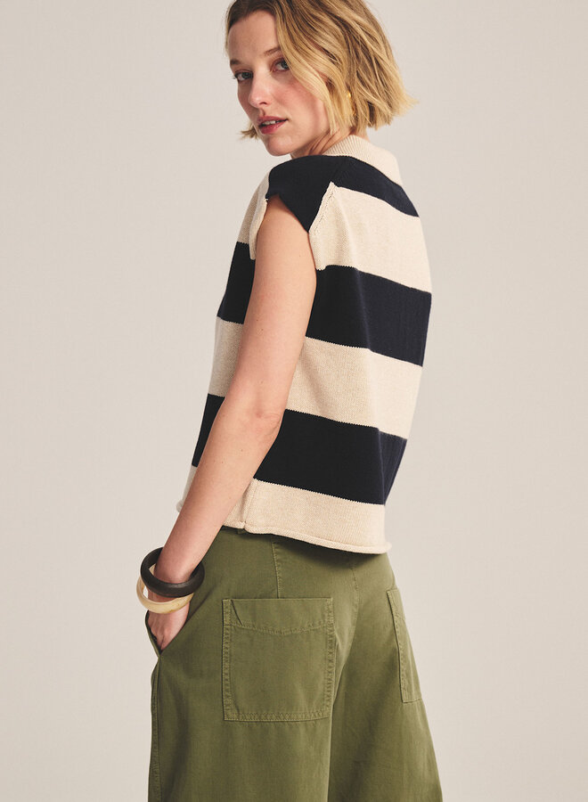 Tricot Velvet Zoella à col polo rayé bleu marine & beige avoine