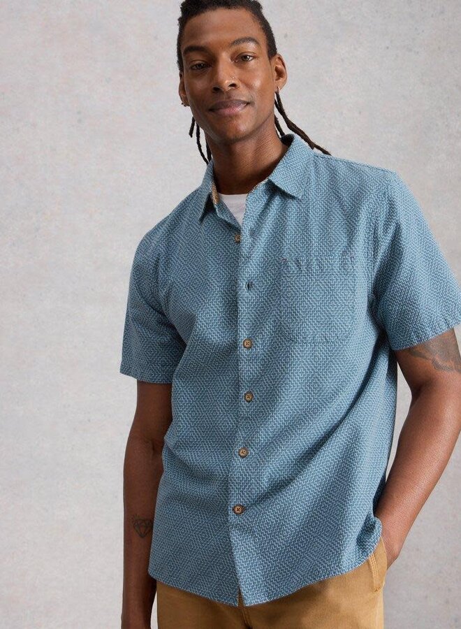 Chemise White Stuff Tile Stitch à manches courtes bleue tissée écrue