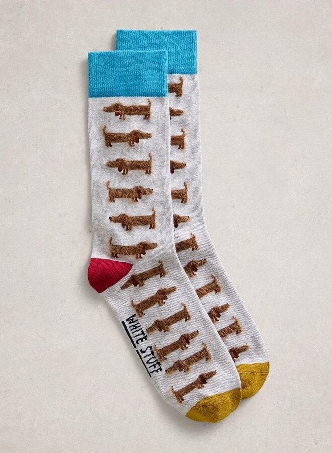 Bas White Stuff Fluffy Sausage gris pâle avec chiens saucisses