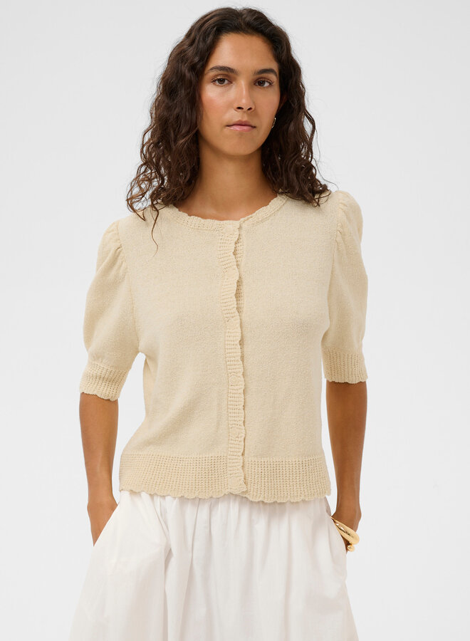 Cardigan Soaked Flores à col rond boutonné et festonné jaune beurre