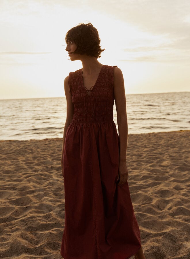 Robe longue Part Two Borgnette à col V nid d’abeille rouge cerise