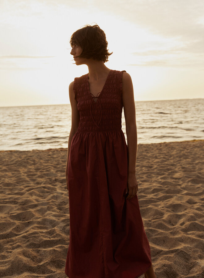 Robe longue Part Two Borgnette à col V nid d’abeille rouge cerise