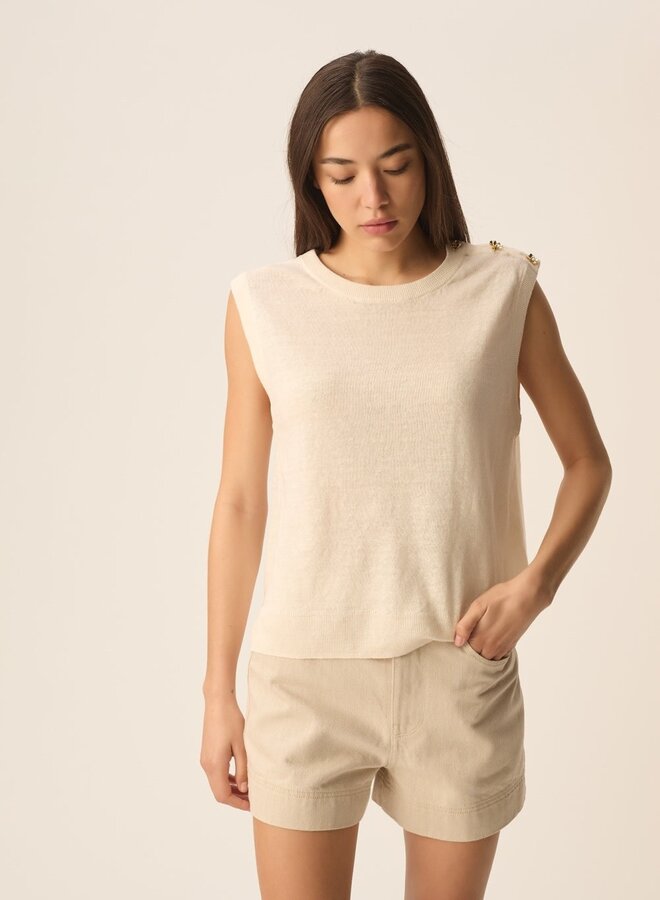Tricot Des Petits Hauts Brazou en tricot de lin avec boutons or sur épaule écru