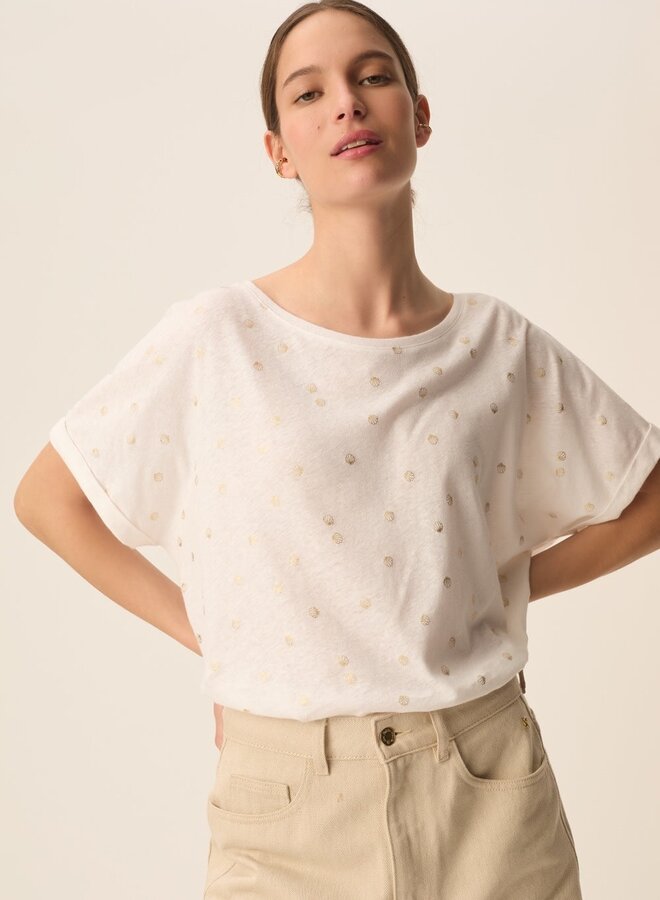 T-shirt Des Petits Hauts Georgette écru avec coquillages or