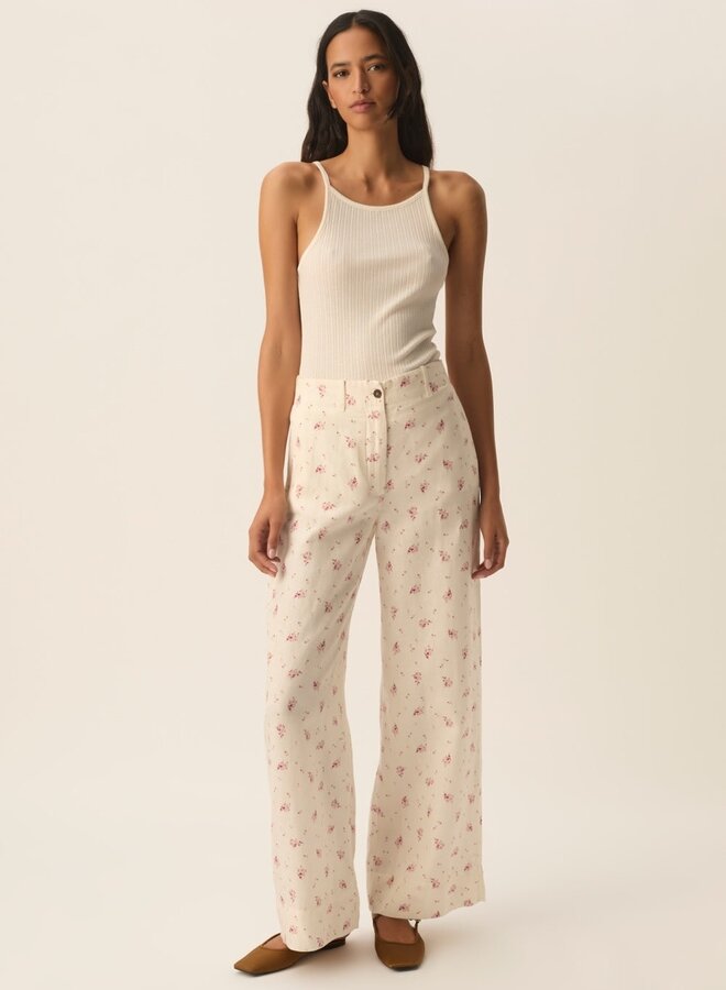 Pantalon Des Petits Hauts Tiffaine écru à petites fleurs rose Alizée